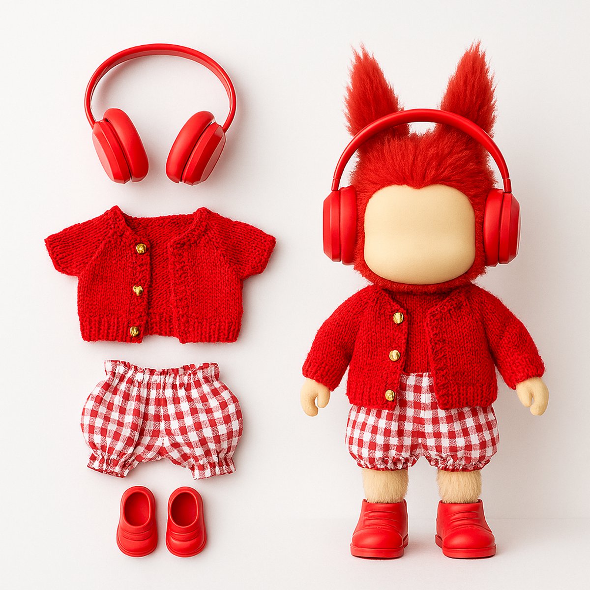 Kledingset geschikt voor Labubu – rood gebreid vest + rood geruite short + rode schoenen + rode hoofdtelefoon – past op 15-17 cm Labubu poppen | Labubu Kleding | Labubu Kleren